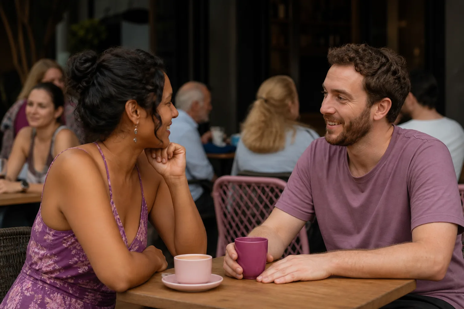 Two London singles chatting over drinks at a relaxed local pub