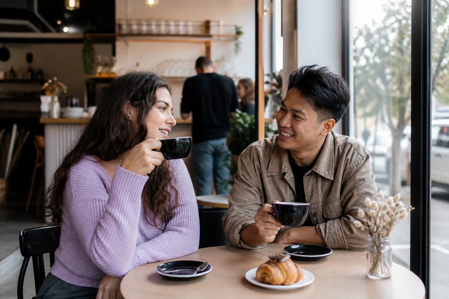 Two people meeting for coffee at a neighbourhood café in London