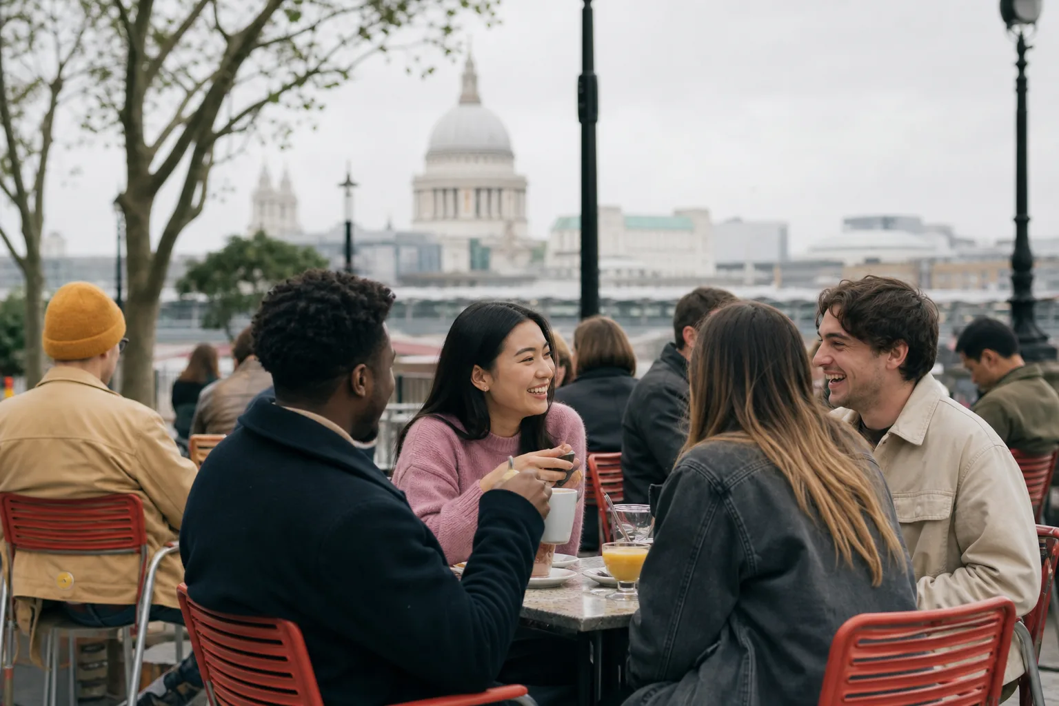 Friends talking together at an outdoor café in London
