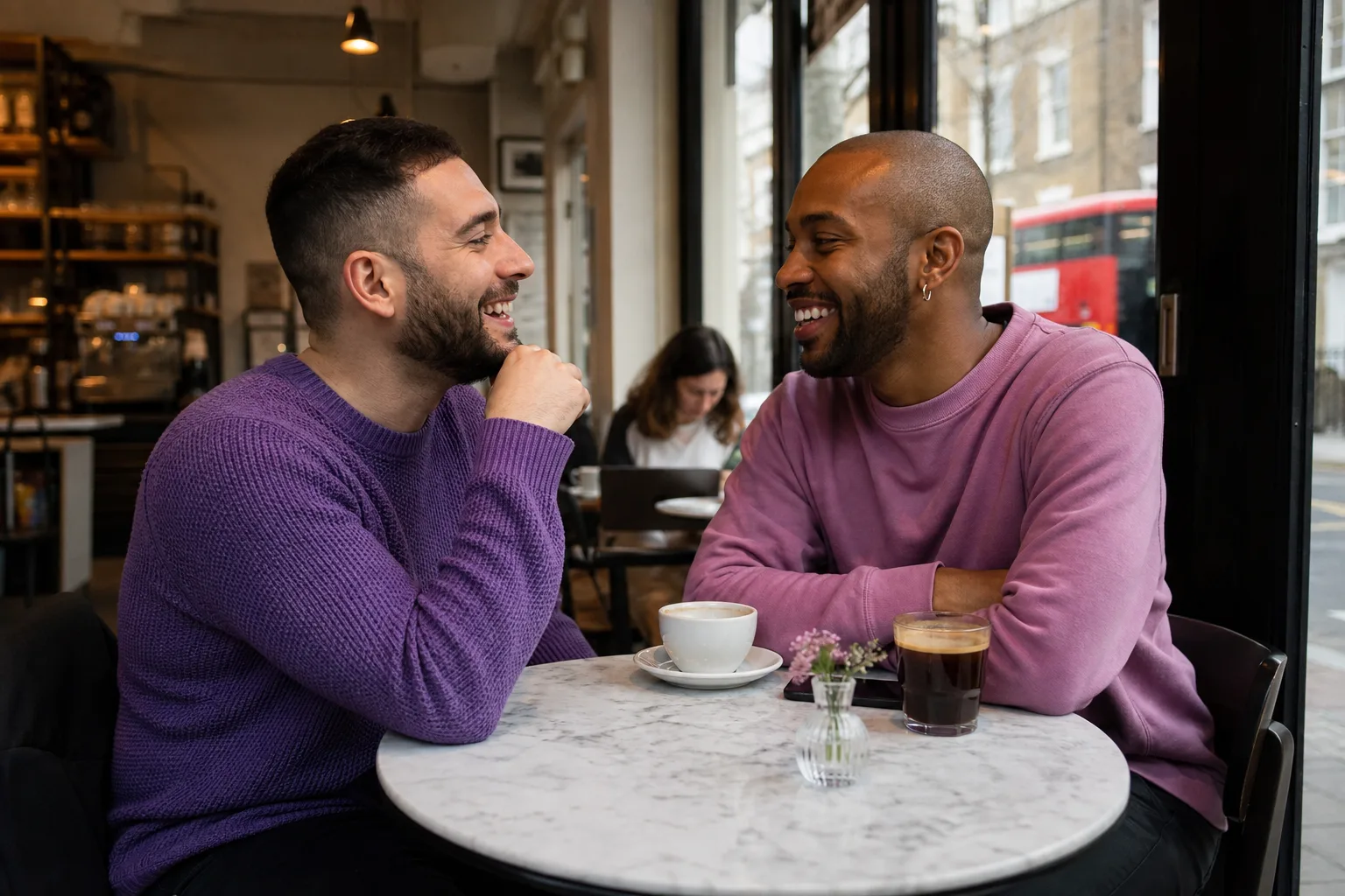 Two men chatting over coffee at a London café