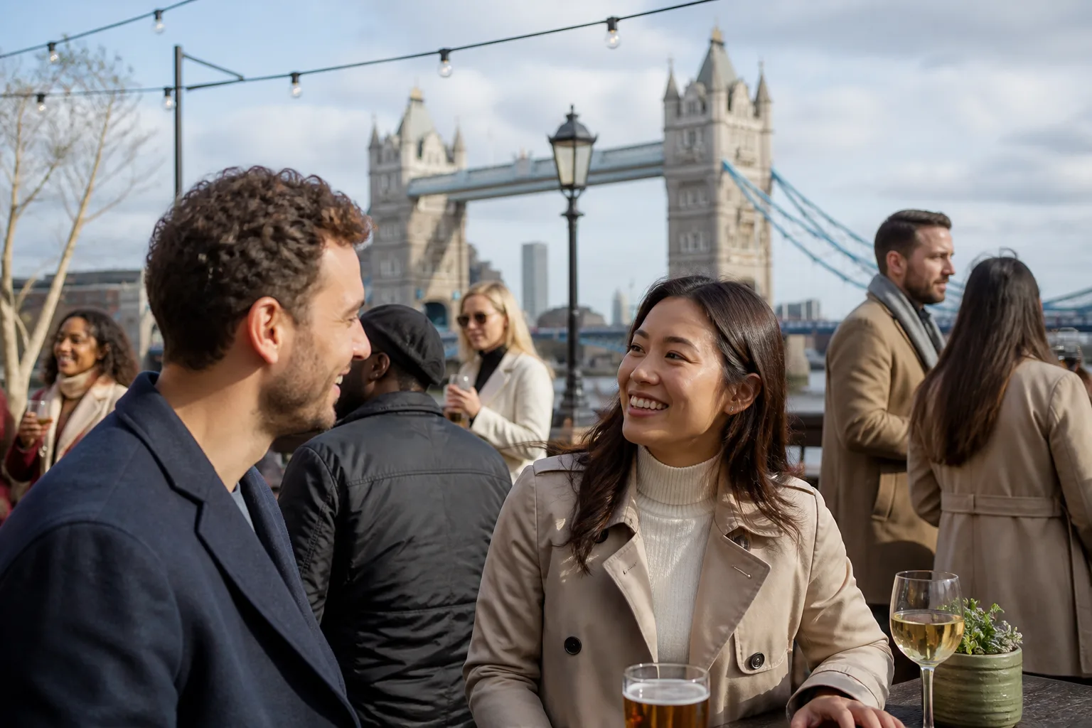 Two people talking over coffee at an independent London café