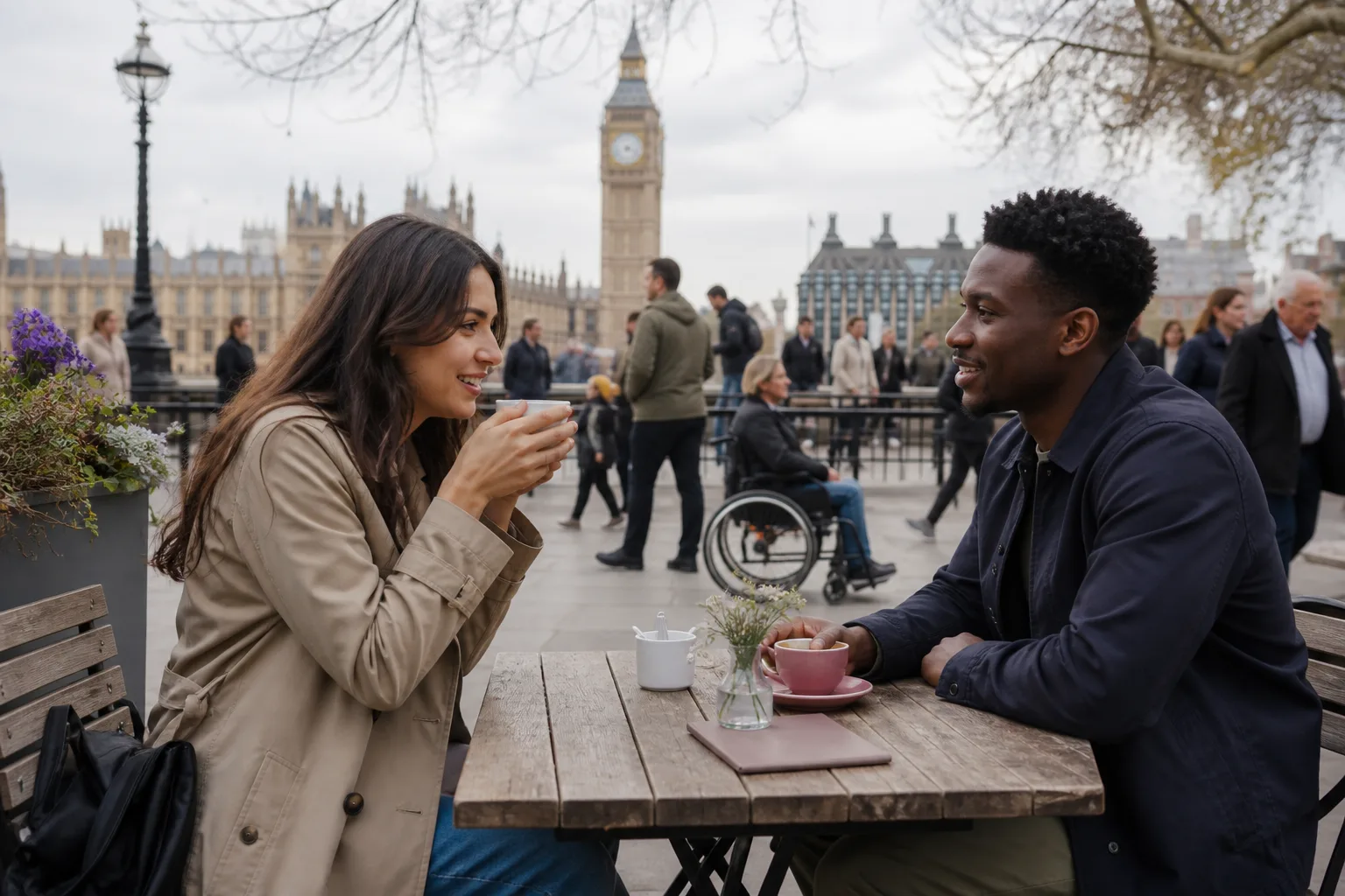 Two London singles talking over coffee at a neighbourhood café