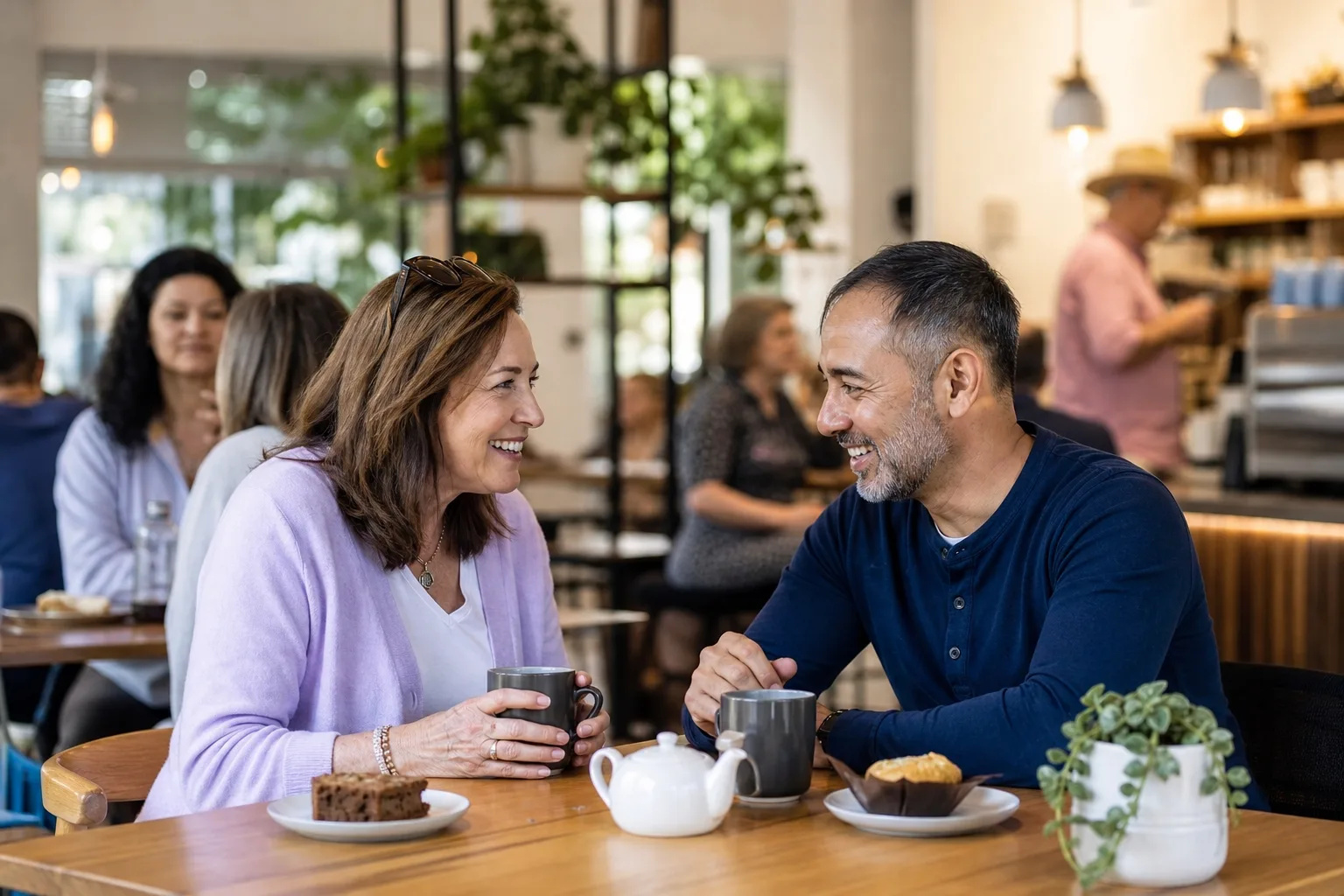 Two London singles talking over coffee at a neighbourhood café