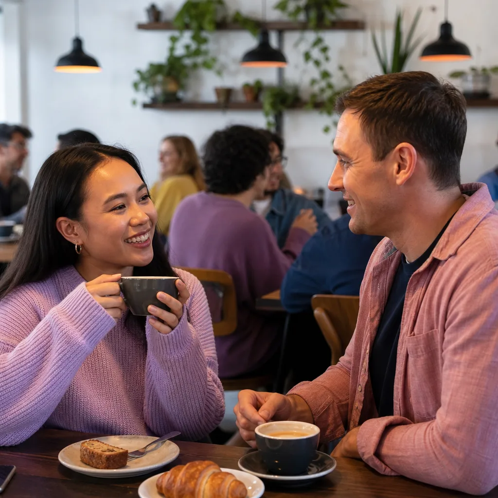 Londoner checking nearby dating profiles while sitting in a local coffee shop