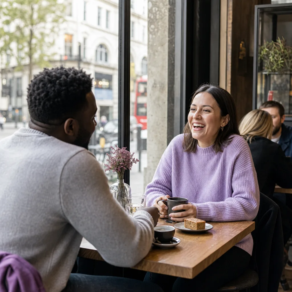 Two people talking over coffee beside a London market