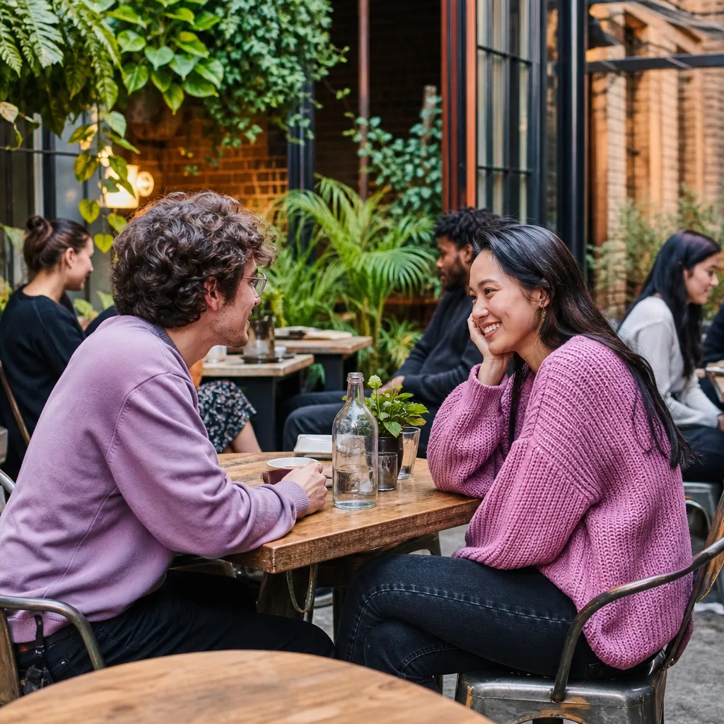 Two people discussing a café menu during an affordable London date