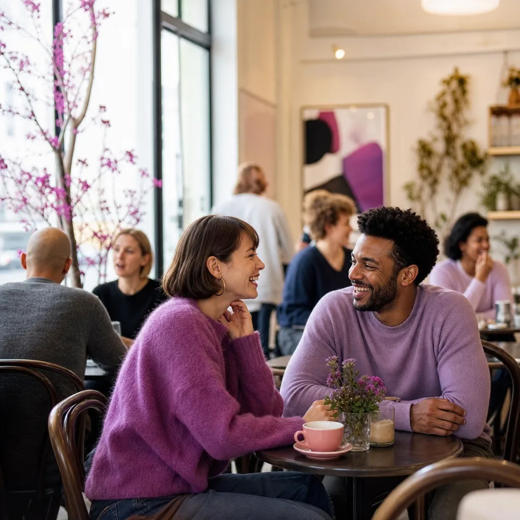 Londoner checking a local dating profile while sitting in a café