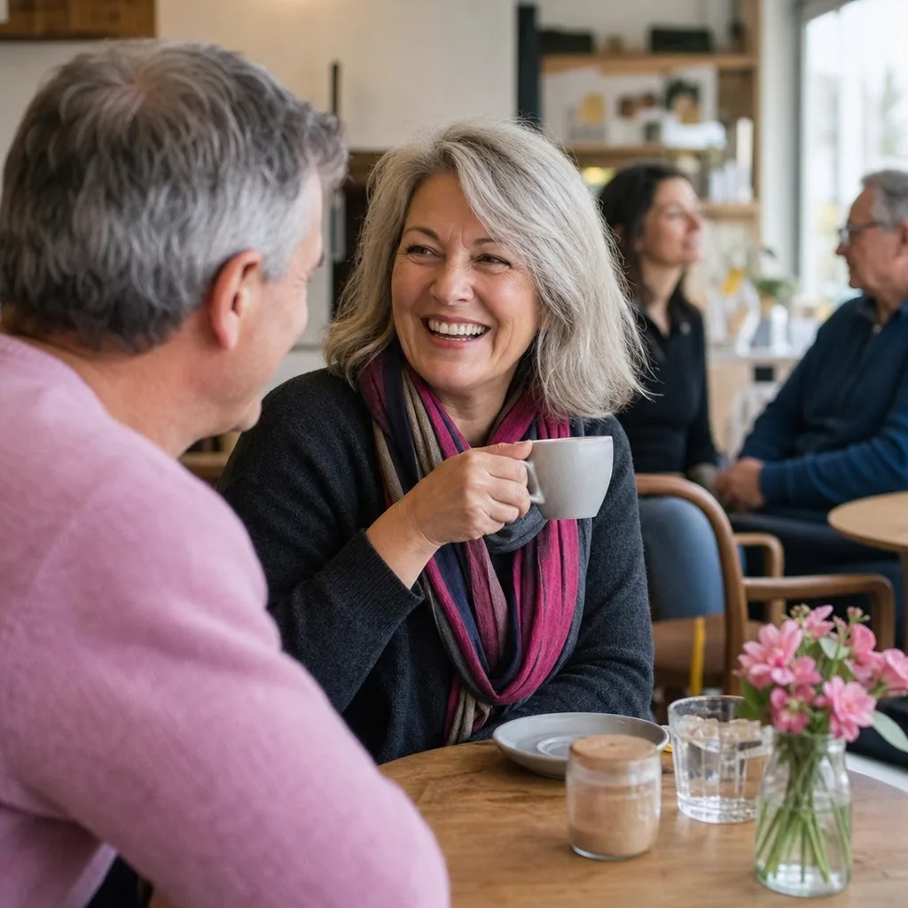 Two mature London singles chatting during a walk beside the Thames