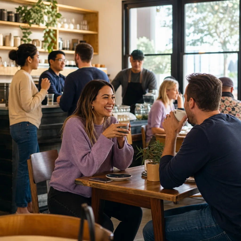 A couple having coffee at an independent London cafe on a first date
