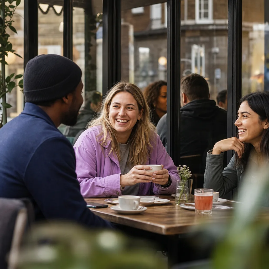 Two people meeting over coffee at a busy independent café in London
