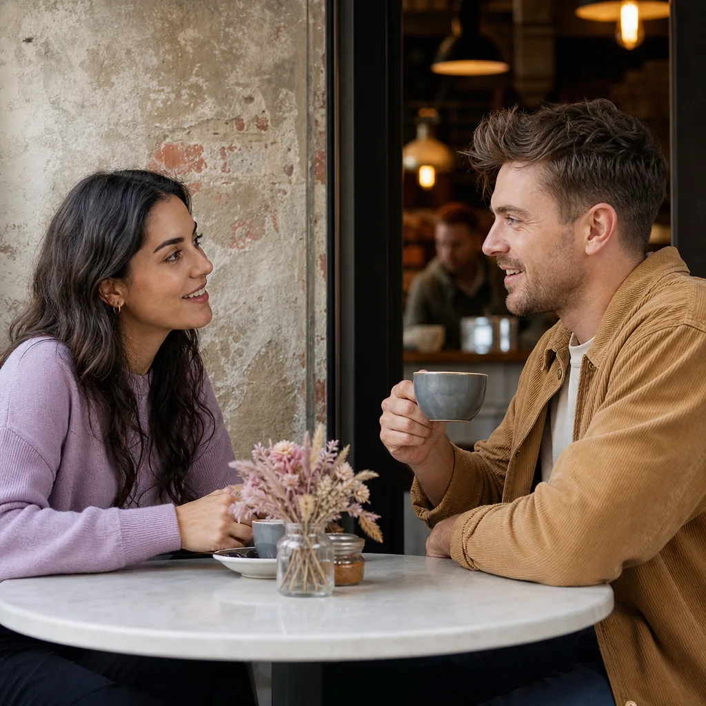 Two people meeting outside a busy London café near a station