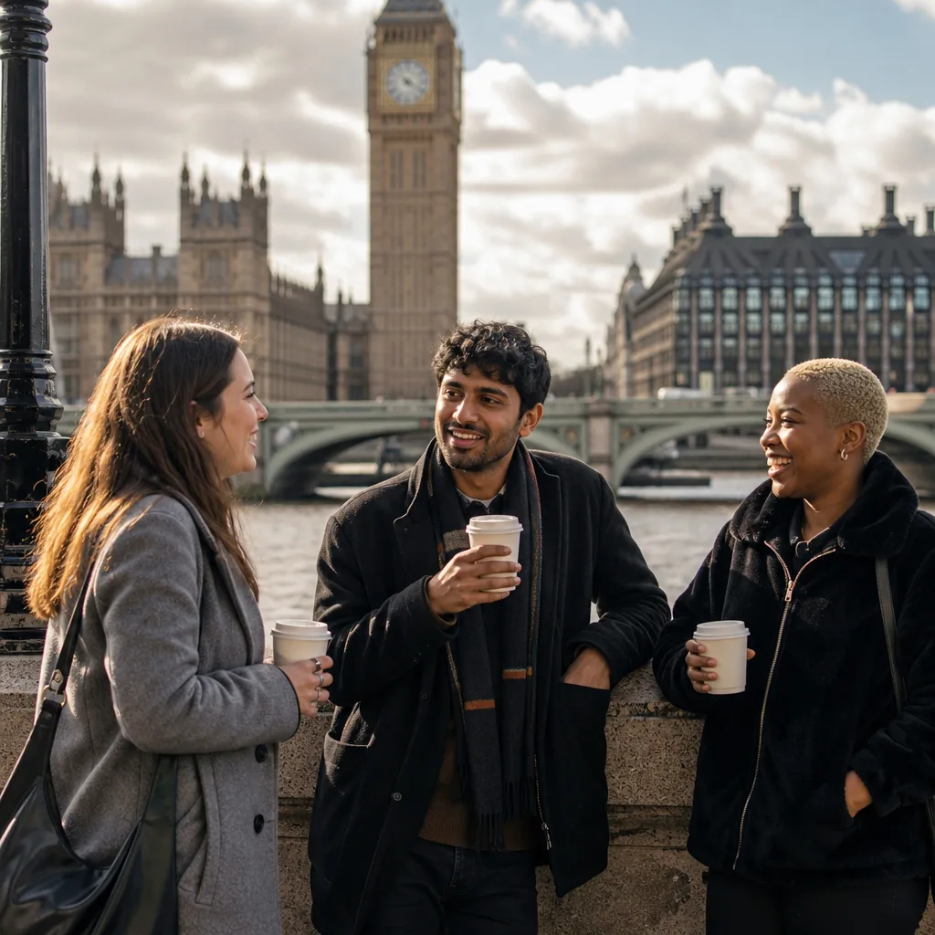 Two people meeting outside a busy London café for a first date