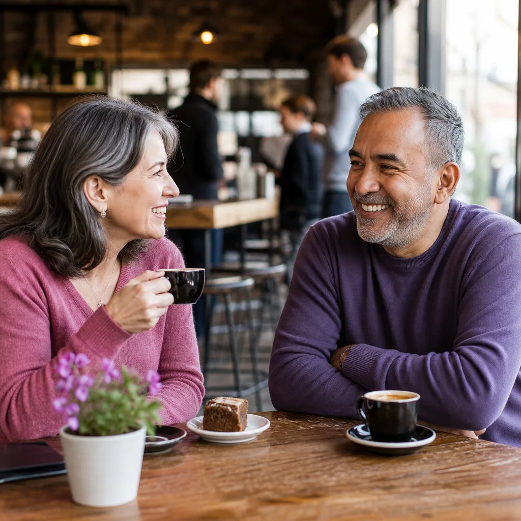 Mature woman reviewing a dating profile on her phone in a London coffee shop
