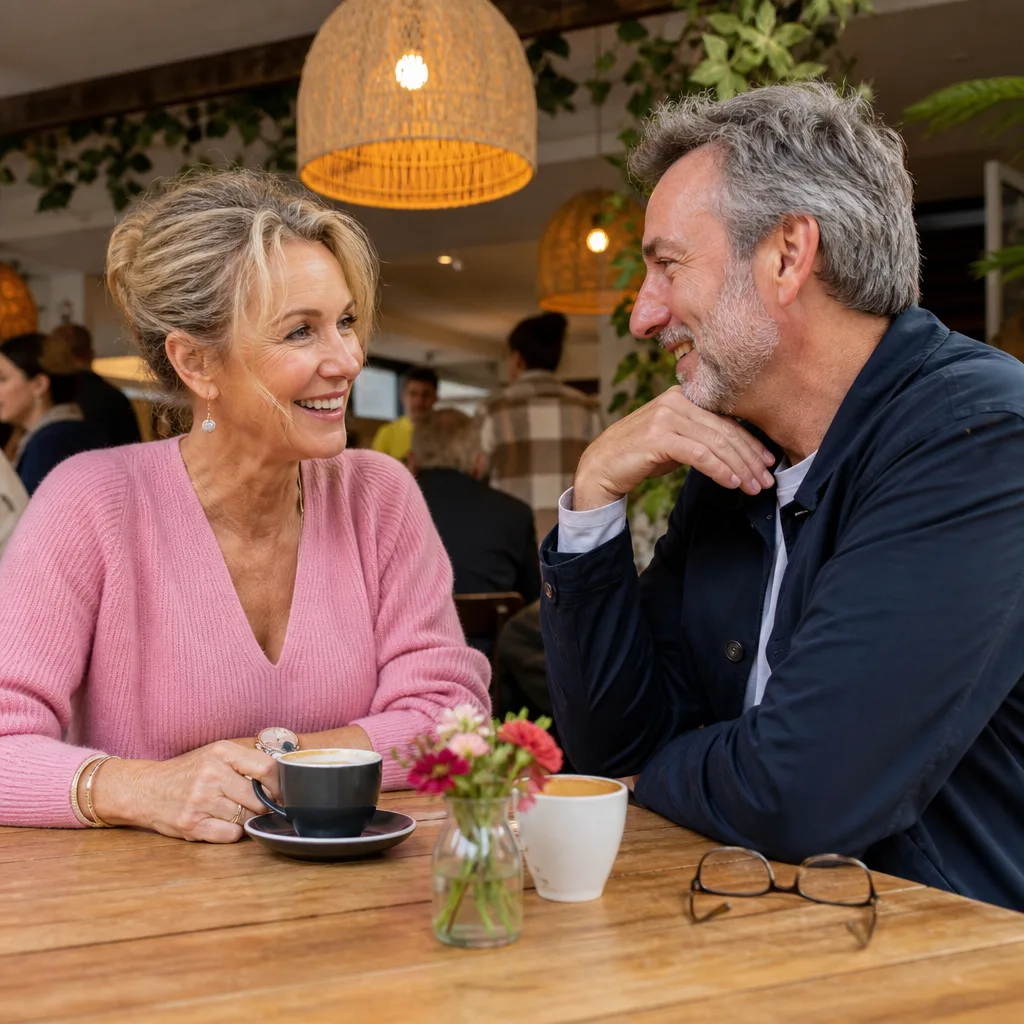 Two mature London daters walking together beside the Thames