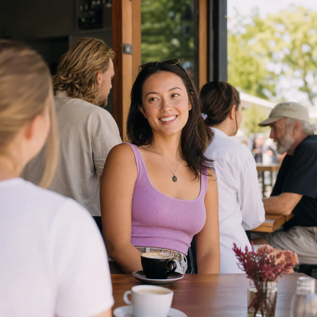 Two people talking at an outdoor table near the Southbank Centre in London