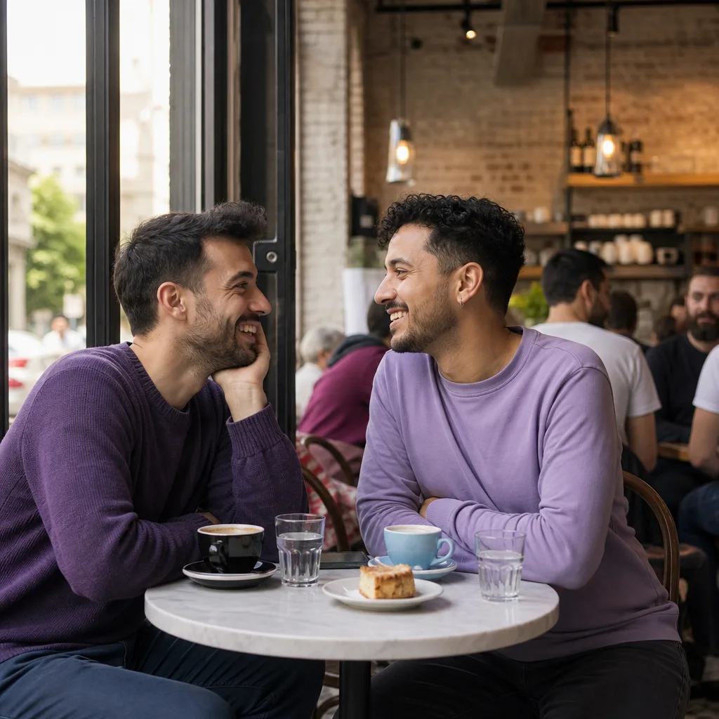 Two men meeting at a busy public café in central London