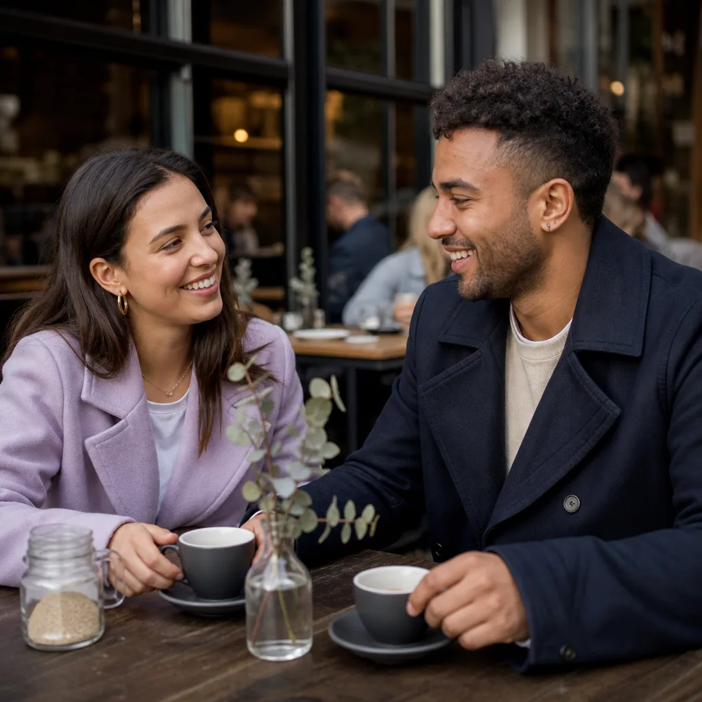 Friends talking at a well-lit London pub during an informal evening out