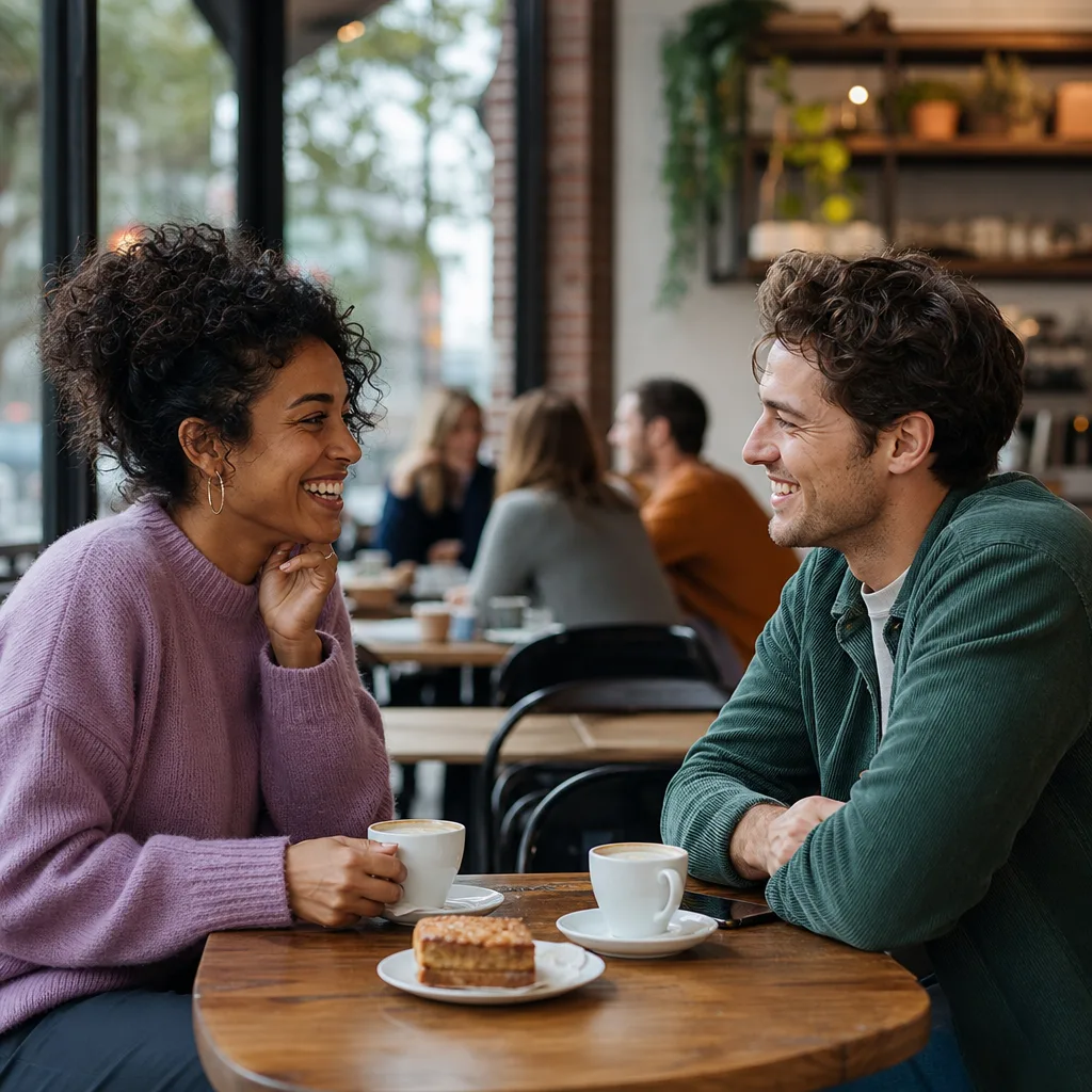 Two London singles chatting on a well-lit terrace during an early evening date