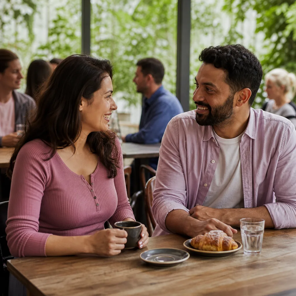 Two people meeting in daylight outside a busy London coffee shop
