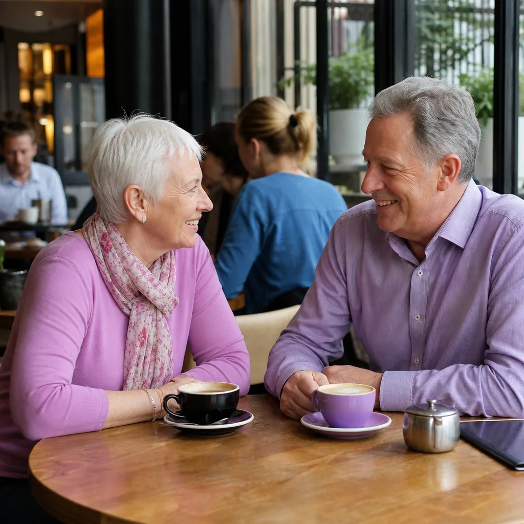 Mature London couple meeting in a bright public café near a station