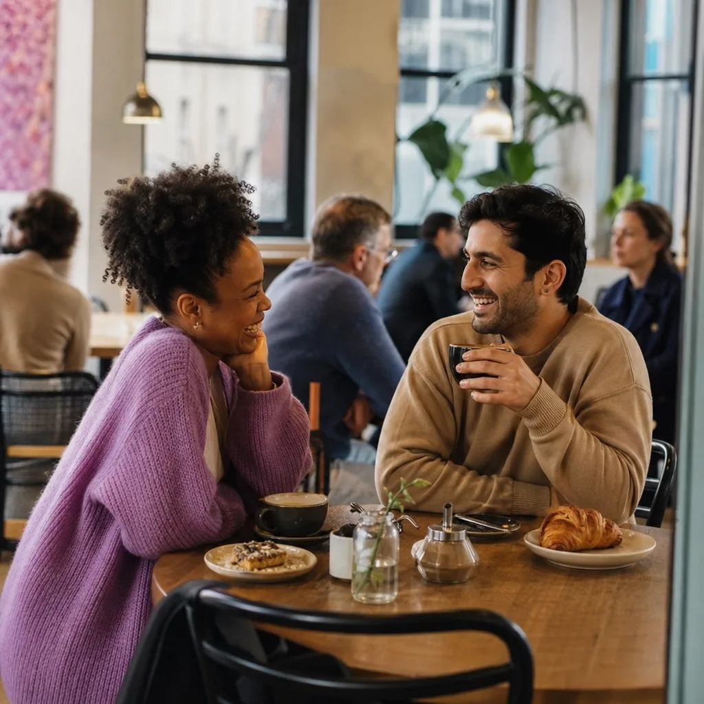 A London single writing a dating profile at a café table