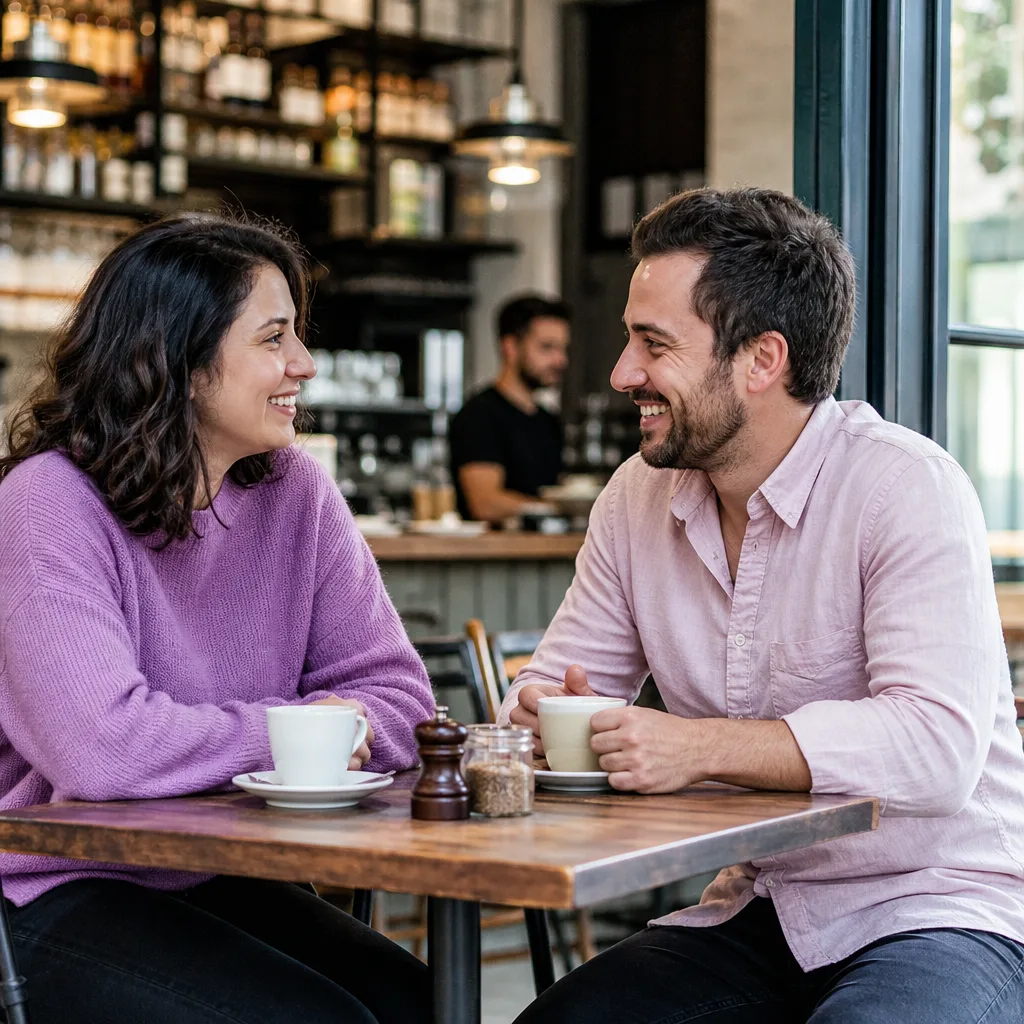 Two people having a first date at a busy London café