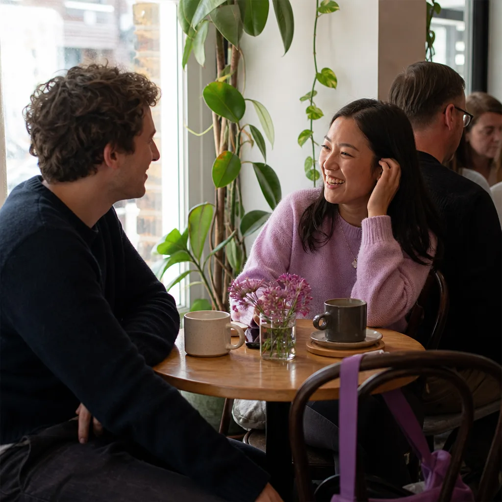 Two London singles chatting during a casual evening drink